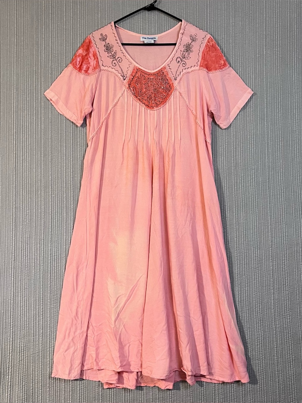 Paragon 70’s Vibe Midi Dress Peach Tie-dye Velvet Accents Women L Whimsical Boho